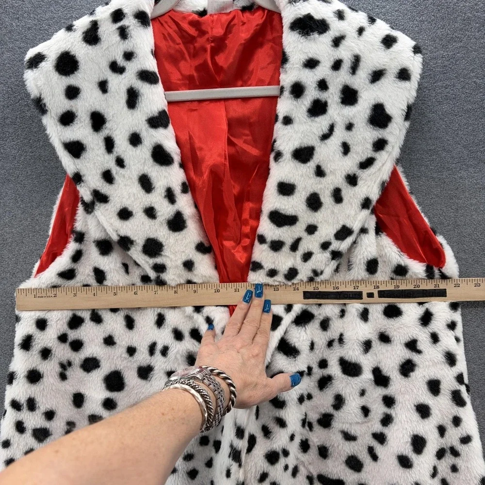 Disney Cruella Vest Womens L or XL White Dalmatian Faux Fur Hooded Long Costume